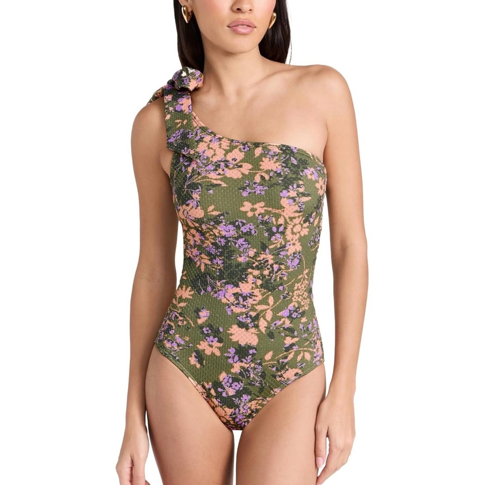 Shoshanna Shadow One‎ Shoulder Floral Metallic One Piece Swimsuit Olive Size 6